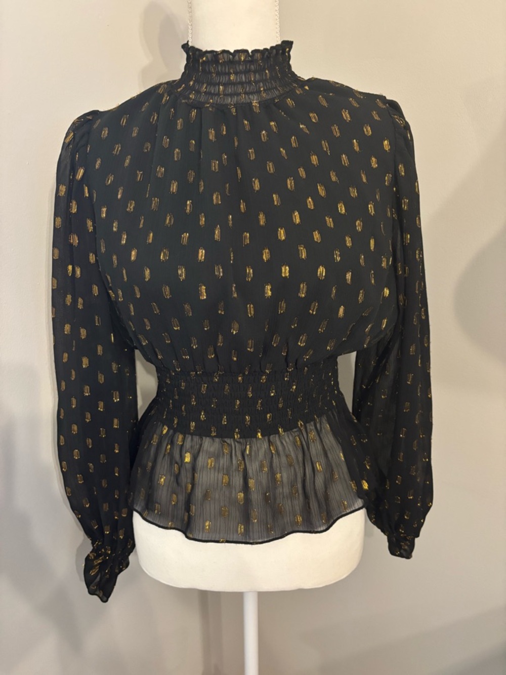 Black & Gold Smocked Waist Long-Sleeve Blouse Size S.